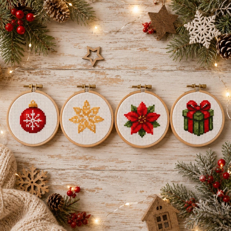 May include: Four circular wooden embroidery hoops containing cross-stitch designs on white fabric. The designs feature a red Christmas ornament, a gold star, a red poinsettia flower, and a green gift box with a red bow, arranged horizontally.