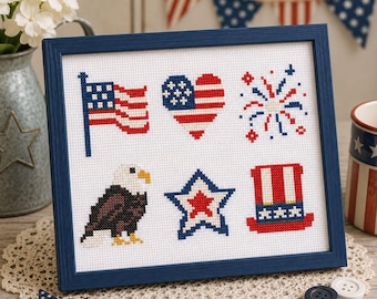 Juli 4 Kreuzstichmuster PDF | Vaterhafte Amerikanische Flagge Adler Sampler USA Anfänger Stickerei