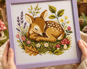Sleeping Fawn Cross Stitch PDF | Woodland Baby Deer Floral Mushroom Counted Embroidery Nursery Cottagecore Nature Needlework