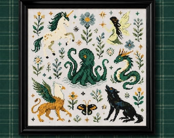 Fabelwesen Kreuzstich PDF | Einhorn Drache Fee Kraken Fantasy Bestiary Stickerei Floral Witchy Handarbeiten