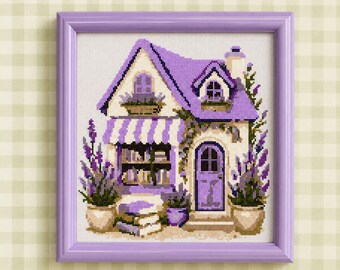 Lavendel Buchladen Kreuzstich PDF | Gemütliche Buchladen Cottage Floral Gezählt Stickerei Lila Reader Handarbeiten
