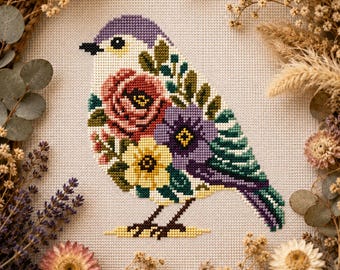 Blumen Singvogel Kreuzstich PDF | Lavendel lila Rose Vogel botanische Stickerei Cottagecore Natur Handarbeiten