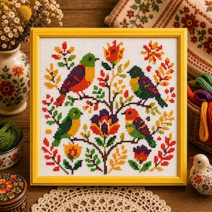 Könnte beinhalten: Ein gerahmtes Kreuzstich-Kunstwerk mit vier bunten Vögeln auf Ästen mit Blumen und Blättern. Die Vögel haben rotes, grünes und gelbes Gefieder. Das Kunstwerk befindet sich in einem gelben Rahmen.
