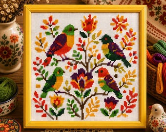 Folk Kreuzstich Muster PDF | Vintage Blumen botanische Cottagecore bunte Tierstickerei