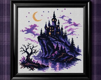 Moonlit Castle Kreuzstich PDF | Haunted Mansion Lila Gothic Night Gezählte Stickerei Gruselige Fantasie Witchy Handarbeiten