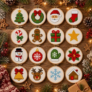 May include: Sixteen circular wooden embroidery hoops containing cross-stitch patterns of Christmas icons including a tree, wreath, Santa, stocking, candy cane, gingerbread man, gift, star, snowman, ornament, mitten, poinsettia, bell, reindeer, snowflake, and house.