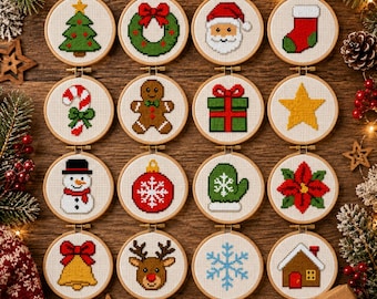 Mini Christmas Ornament Cross Stitch PDF | Set of 16 Holiday Designs Beginner Embroidery Santa Snowman