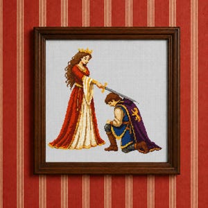 Medieval Knight Queen Cross Stitch PDF | Knighting Ceremony Sword Dedication Counted Embroidery Pre-Raphaelite Romance Needlework