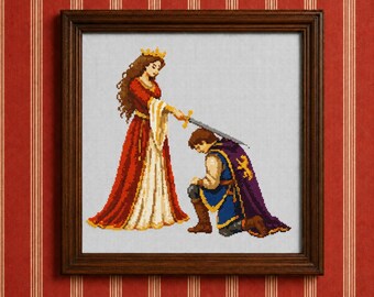 Mittelalterlicher Ritter Königin Kreuzstich PDF | Ritterzeremonie Schwert Hingabe Gezählt Stickerei Pre-Raphaelite Romanze Handarbeiten