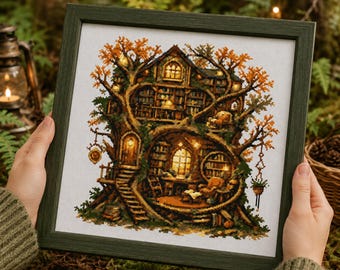 Haus der Fee Kreuzstich PDF | Magische Bibliothek Cottage Herbstwald wunderlich Stickerei Fantasie Handarbeiten