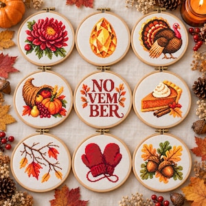 Korsstygnsmönster för novemberfödelsedag i PDF-format, exempel på födelsemånad med krysantemumblomma, citrinsten och Thanksgiving-motiv