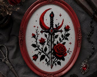 Gothic Schwert Kreuzstichmuster | Rote Rose Halbmond Tarot Stickerei (PDF Download)