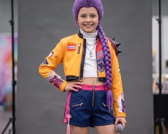 Girls Kpop Costume with Yellow Jacket & Purple Wig, Demon Princes Halloween Outfit, Anime Hunters Kids Birthday Party