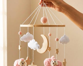 Pink Sheep Baby Girl Crib Mobile Set | Pastel Farmhouse Nursery Decor | Lamb Newborn Toys