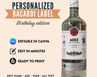 Personalized Bacardi Label, Editable Canva Template, Custom Rum Bottle Label, Birthday Gift, Digital Download