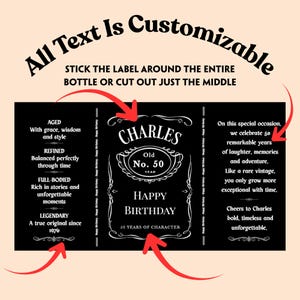 May include: Black and white customizable label with text that reads "CHARLES Old No. 50 YEAR HAPPY BIRTHDAY 50 YEARS OF CHARACTER." The label is designed to wrap around a bottle.