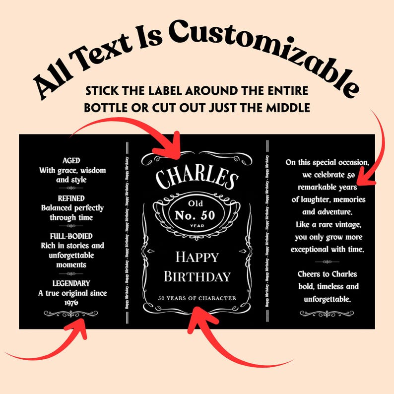 May include: Black and white customizable label with text that reads "CHARLES Old No. 50 YEAR HAPPY BIRTHDAY 50 YEARS OF CHARACTER." The label is designed to wrap around a bottle.