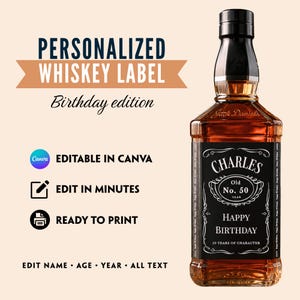 May include: A whiskey bottle with a personalized label. The label reads "PERSONALIZED WHISKEY LABEL Birthday edition" and includes the text "CHARLES Old No. 50 YEAR HAPPY BIRTHDAY 50 YEARS OF CHARACTER". The image also states "EDITABLE IN CANVA", "EDIT IN MINUTES", and "READY TO PRINT".