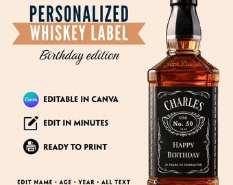 Etiqueta personalizada para whisky de cumpleaños, plantilla editable de Canva (descarga digital)