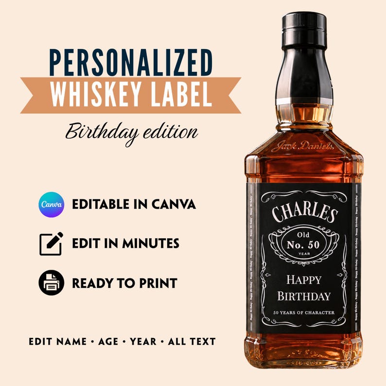 May include: A whiskey bottle with a personalized label. The label reads "PERSONALIZED WHISKEY LABEL Birthday edition" and includes the text "CHARLES Old No. 50 YEAR HAPPY BIRTHDAY 50 YEARS OF CHARACTER". The image also states "EDITABLE IN CANVA", "EDIT IN MINUTES", and "READY TO PRINT".