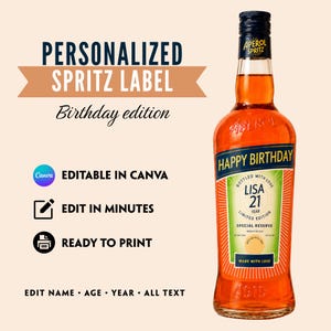 Pode incluir: Uma garrafa de Aperol Spritz laranja com um rótulo personalizado "Feliz Aniversário". O rótulo inclui o nome "Lisa" e o número "21". O texto "Rótulo Spritz Personalizado" e "edição de aniversário" também são visíveis.