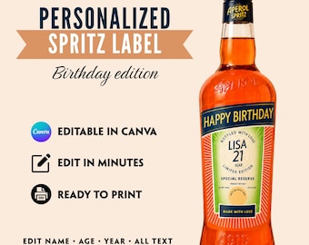 Etiqueta personalizada para Aperol de cumpleaños, plantilla editable de Canva (descarga digital)
