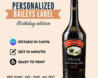Personalized Baileys Birthday Bottle Label, Editable Canva Template, Custom Liquor Bottle Sticker, Digital Download