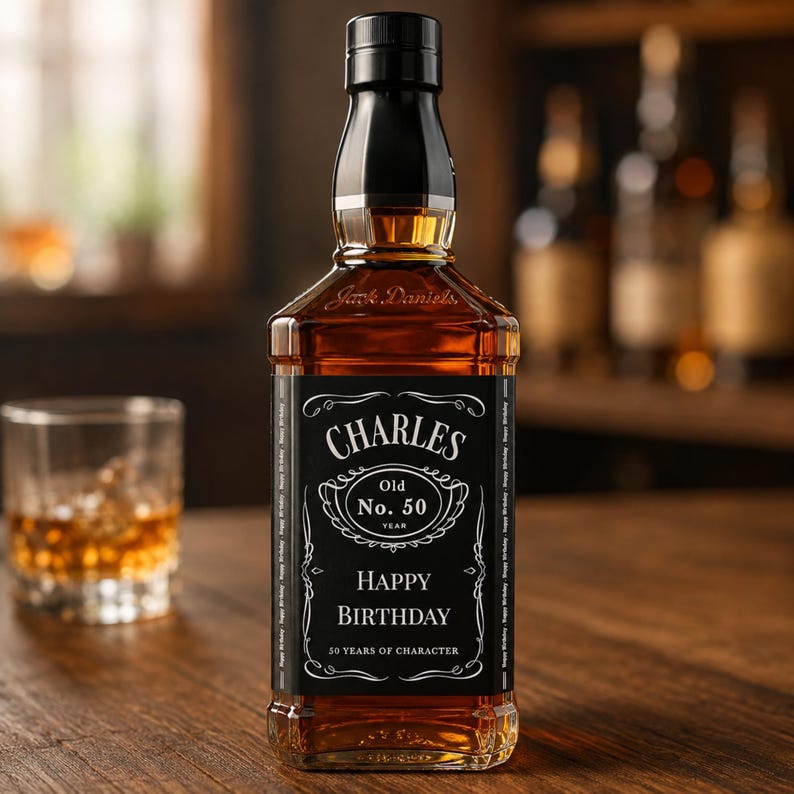 May include: A personalized whiskey bottle with a black label that reads "CHARLES Old No. 50 YEAR HAPPY BIRTHDAY 50 YEARS OF CHARACTER." The bottle is filled with amber liquid and has a black cap. A glass of whiskey with ice sits to the left.