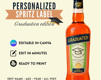 Etiqueta de graduación para Aperol, plantilla editable de Canva, etiqueta personalizada para botella, descarga instantánea.
