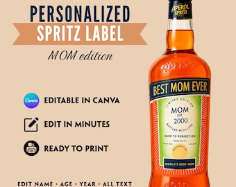 Personalized Aperol Spritz Label, Mom Edition, Editable Canva Template (Digital Download)