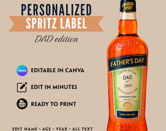 Etiqueta personalizada para Aperol Spritz, edición para papá, plantilla editable de Canva (descarga digital)