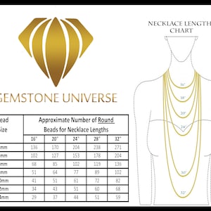 May include: Chart showing the approximate number of round beads needed for different necklace lengths, from 16 inches to 32 inches. The chart is labeled "Gemstone Universe" and includes bead sizes from 3mm to 14mm.
