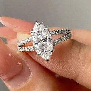 3 CT White Gold Marquise Lab Grown Diamond Engagement Ring, 14K Gold Hidden Halo Wedding Ring, Split Shank Pave Diamond Band, Bridal Ring