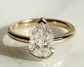 Half Bezel Set Pear Cut Lab Grown Diamond Engagement Ring, 14K Yellow Gold Wedding Ring, Solitaire Ring, Minimalist Ring, IGI Certified Ring