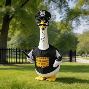 May include: A white goose figurine dressed as a security guard, wearing a black police cap with a silver badge, round sunglasses, and a black mustache. It wears a black vest with a yellow sign reading Guard Goose on Duty, holding a baton and radio.