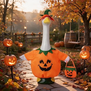 Halloween Trick Treat Garden Porch Goose Outfit Pumpkin Costume Set Fall Yard Decor Statue Clothes Kit 23 Inch White Goose Gift for Family