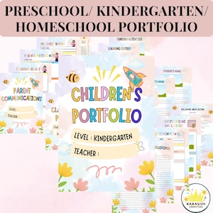 Pode incluir: Uma coleção de documentos imprimíveis para um portfólio de pré-escola, jardim de infância e ensino doméstico. As páginas apresentam ilustrações coloridas de abelhas, foguetes e flores com texto incluindo Children's Portfolio, Level: Kindergarten e Teacher.