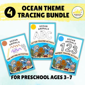 Op de afbeelding: Een 4-delige oceaanthema-oefenbundel voor kleuters van 3-7 jaar, met drie werkbladen met illustraties van dolfijnen, haaien, octopussen en schildpadden voor voorbereidend schrijven, ABC-letteroefeningen en 123-cijferoefeningen.