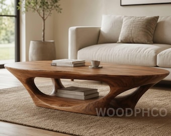 Moderne rustieke salontafel, handgemaakte massief houten ovale salontafel, sculpturale houten woonkamertafel