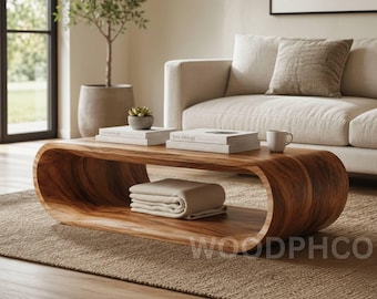 Live Edge Wooden Coffee Table, Handmade Solid Wood Waterfall Table, Mid Century Modern Living Room Table, Curved Wood Coffee Table