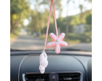 Crochet Starfish Shell Car Charm, Pink Coastal Rear View Mirror Decor