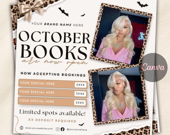 October Booking Flyer, Halloween Booking Flyer, October Books Open, Spooky SZN Flyer, Hair Braids Nails MUA Lash Locs Wig, Canva Editable