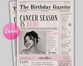 Cancer Newspaper Birthday Invitation Template | Zodiac Party Canva Invite (Digital Download)