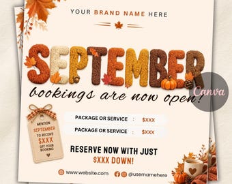 September Booking Flyer, September Flyer, September Book Now Appointment Flyer, Fall Booking Flyer, MUA Nails Lash Braids Hair Flyer, Canva