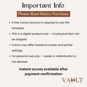May include: A digital information graphic with the title Important Info and the subtitle Please Read Before Purchase. It lists requirements for a free Canva account, states it is a digital product, notes color variations, and restricts use.