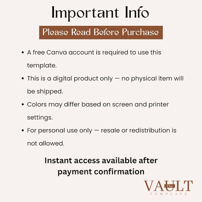 May include: A digital information graphic with the title Important Info and the subtitle Please Read Before Purchase. It lists requirements for a free Canva account, states it is a digital product, notes color variations, and restricts use.