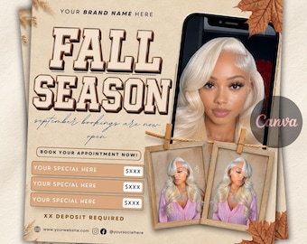 September Booking Flyer, September flyer, Fall Booking Flyer, September Books Open, Wig Install, Lash Nail Braids Flyer, Editable in Canva