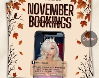 November Booking Flyer Template, Fall Cheetah Appointment Flyer, Editable Canva Template