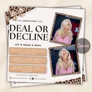 May include: A promotional flyer featuring a leopard print border, a beige bow, and two photos of a person with long blonde hair. Text includes DEAL OR DECLINE, LET'S MAKE A DEAL, instructions for service offers, XX DEPOSIT REQUIRED, and website and social media placeholders.