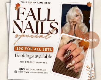 Fall Nail Flyer, Autumn Nails Special, September Booking Flyer, Canva Editable Template